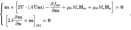 \begin{equation*}\left\{ \begin{aligned}&\textbf{{m}}\times
 \left[2\nabla\cdot(...
...ight]_{\partial
 \Omega}=\mathbf{0}
 \end{aligned} \right. \quad.\end{equation*}