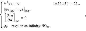 \begin{equation*}\left\{\begin{aligned}
 &\nabla^2\varphi_2=0 &\text{in }&\Omega...
... at infinity }\partial\Omega_\infty
 \end{aligned} \right. \quad,\end{equation*}